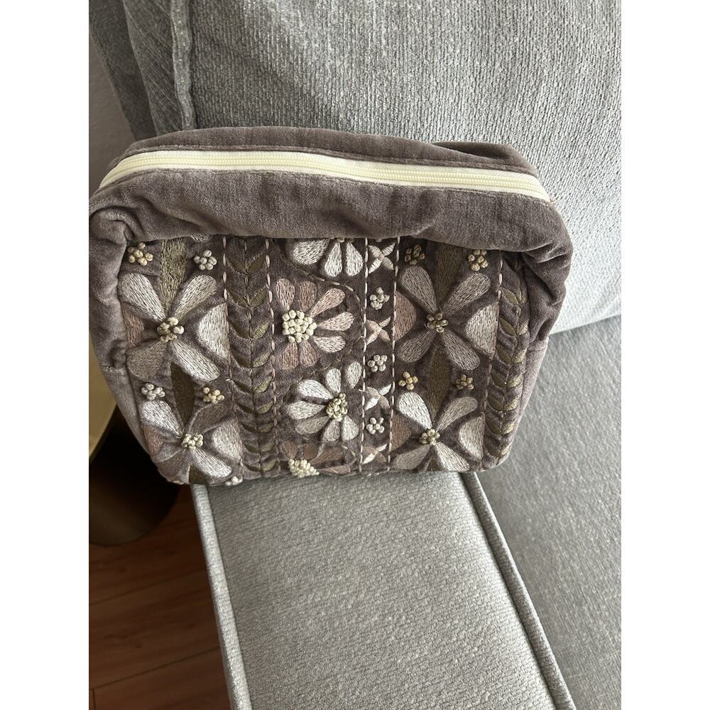 Velvet Bohemian Floral Embroidery Pouch Cosmetic Bag Brown - Picture 2 of 9